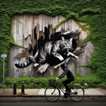 “Create a detailed image of an urban street scene featuring a large billboard partially covered in green ivy. The billboard should display a stencil art piece by Banksy, depicting the silhouette of a black panther clawing through the wooden surface, as if tearing it apart. The scene should capture a passerby on a bicycle, slightly blurred to indicate motion, moving in front of the billboard. The overall atmosphere should reflect the juxtaposition between nature and urban decay, with the art blending seamlessly into the environment.”